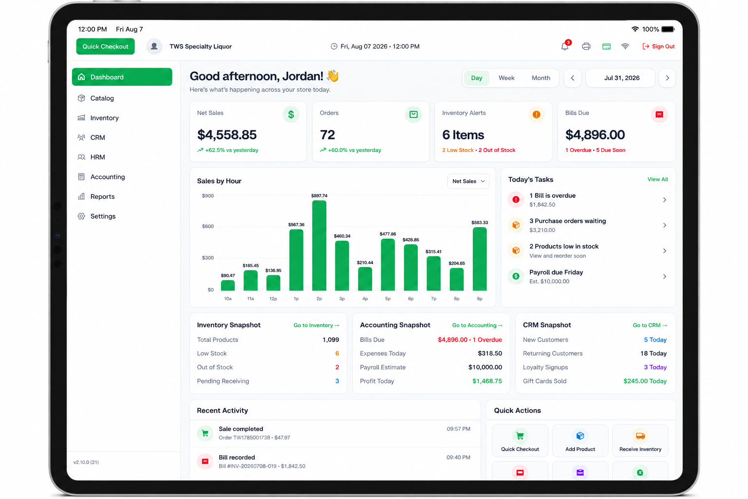 TWS POS Manager Dashboard on iPad - sales, inventory, and tasks
