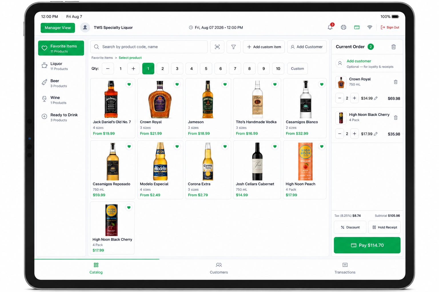 TWS POS Quick Checkout on iPad — product catalog and current order