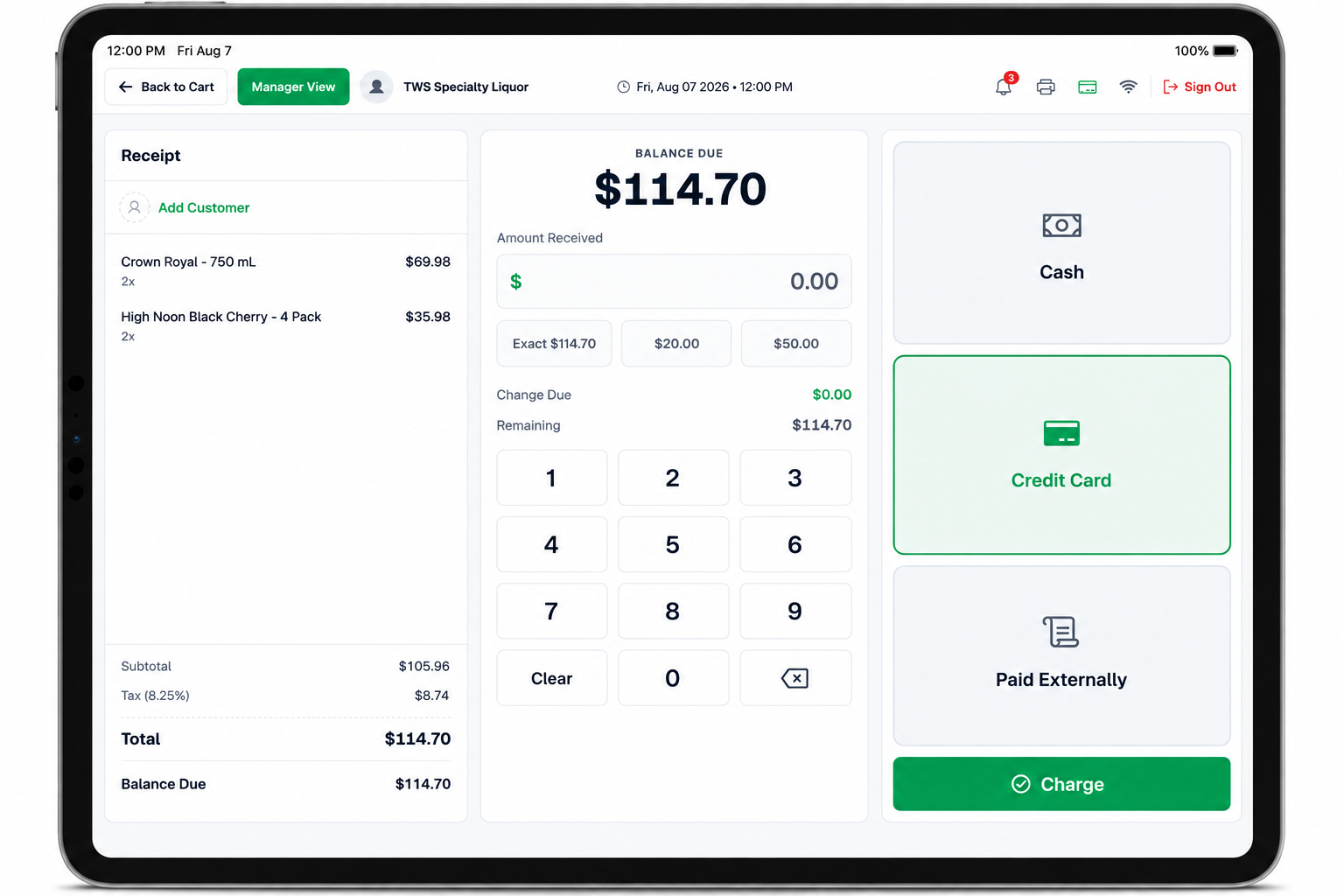 TWS POS Payment Selection on iPad - cash, card and external payment options
